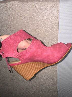 Journee Collection Rose Pink Suede Peep-Toe Wedge Sandals